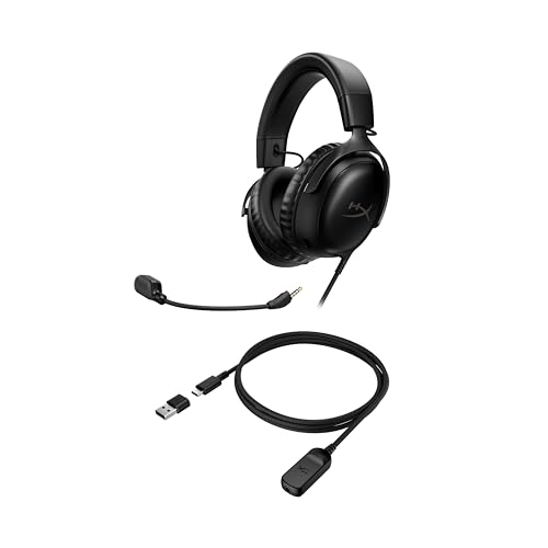 HyperX Cloud III – Wired Gaming Headset, PC, PS5, Xbox Series X|S, Angled 53mm Drivers, DTS Spatial Audio, Memory Foam, Durable Frame, Ultra-Clear 10mm Mic, USB-C, USB-A, 3.5mm – Black