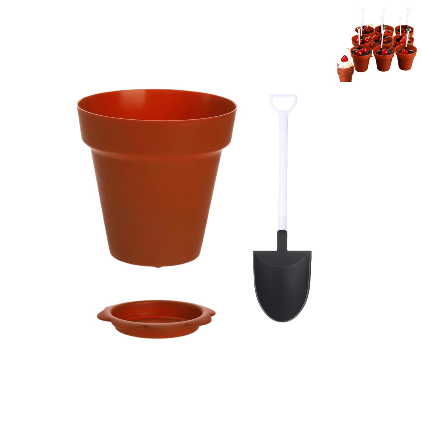 KKpxafl 20 Pack Flowerpot Dessert Cups, Shovel, Spoon, Bottom Tray - Small Flower Pot Cups, Mini Flowerpot Cake Desserts Cups Ice Cream,Yogurt Containers - DIY (Brown,Reusable)