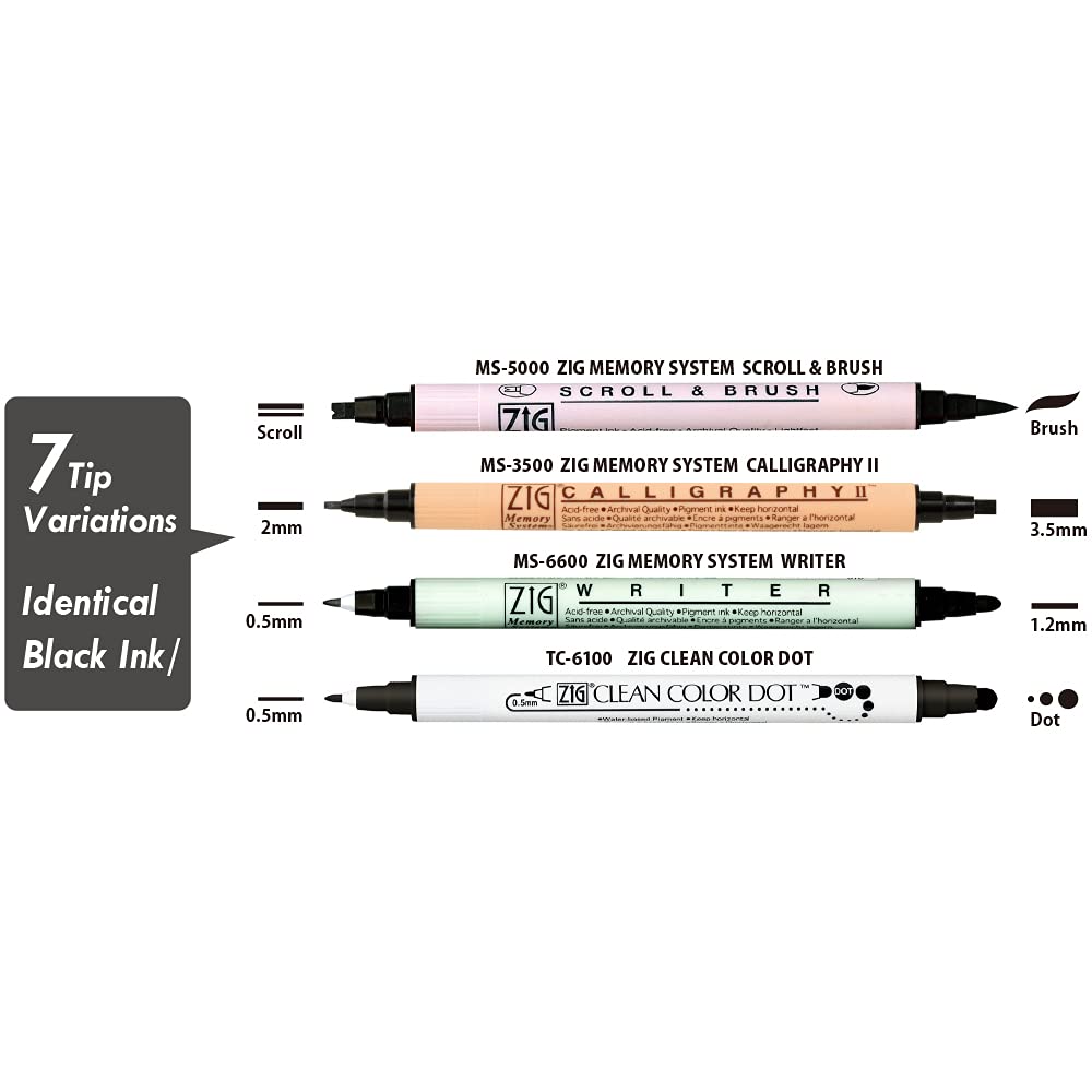 Kuretake ZIG Twin Marker BLACK 4 Assortment set for Hand Lettering, Calligraphy Art, Illustration, Journaling, Cartooning, AP- Certificated, Made in Japan