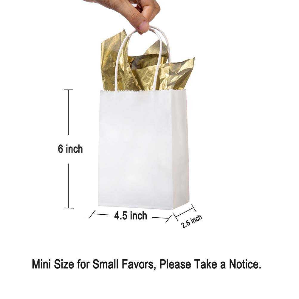 AWELL Mini Size White Paper Bag with Handle Bulk Party Favor Bag 6x4.5x2.5 inch for Birthday New Year Halloween Graduation Recycled Bag, 50 Counts