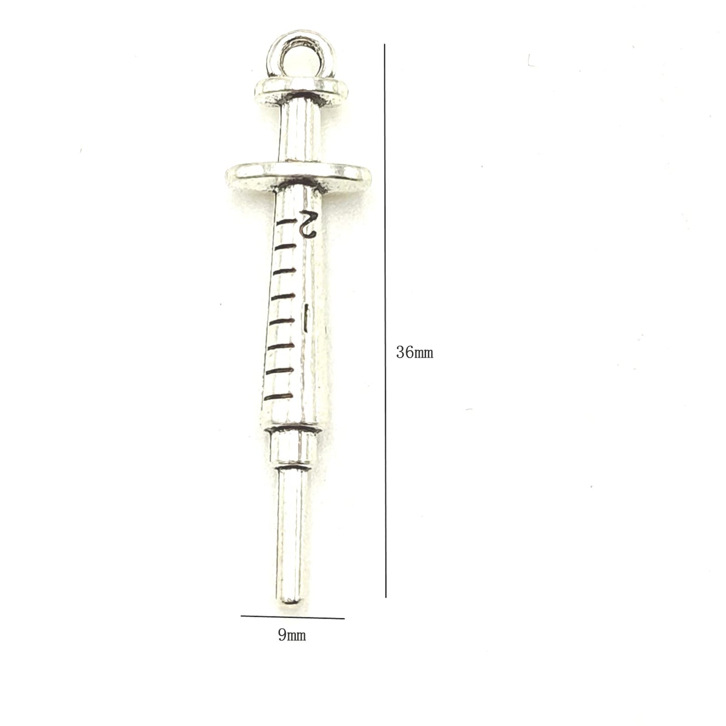 YOOGCORETT 15pcs Alloy Charms Syringe Pendants Beads Nurse Medical Theme Charms Bulk Silver Jewelry Making for Necklace Bracelet DIY Craft Findings Supplies Making 36 X 9mm (Ancient Silver)