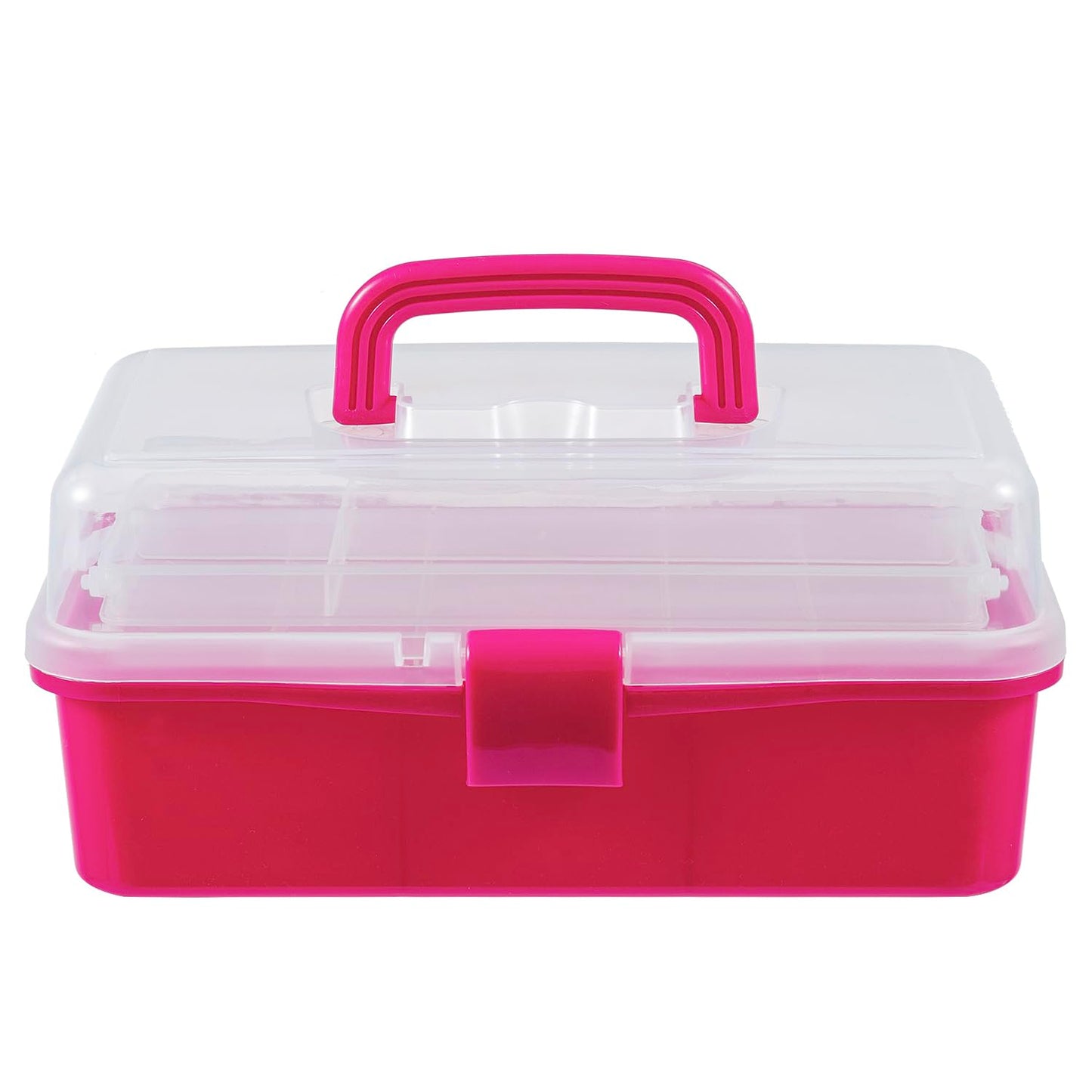 MyGift 13-Inch Dark Pink Plastic Craft Organizer and Storage Box – Clear Carrying Case with Latching Lid & 2 Expandable Trays for Sewing, Tools, First Aid, and Art Supplies