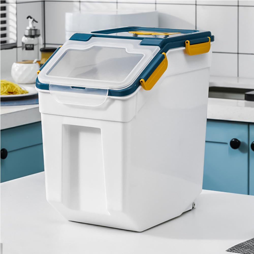 Qiveno Large Flour Storage Container Bin 25Lb, 2Pack Airtight Rice Storage Containers with Wheels Seal Locking Lid, BPA Free with Measuring Cup&Scoop for Flour, Rice, Grain(Blue)