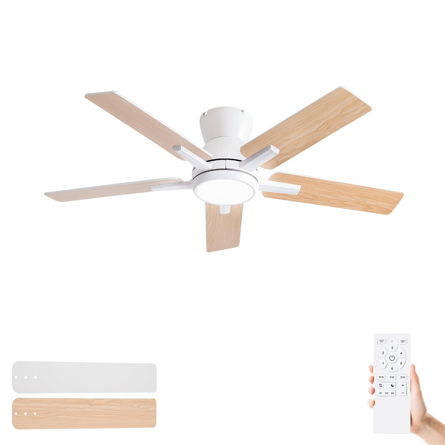 Sevenine 42'' White Flush Mount Ceiling Fan with Light & Remote, ETL Listed