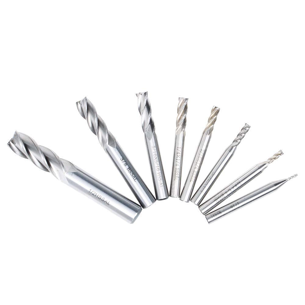 AUTOTOOLHOME 8PCS HSS 4 Flute End Mill Cutter Set, Straight Shank High Speed Steel Milling Bits 1/16" to 1/2" for CNC Router, Milling Machine, Metal, Wood, Plastic