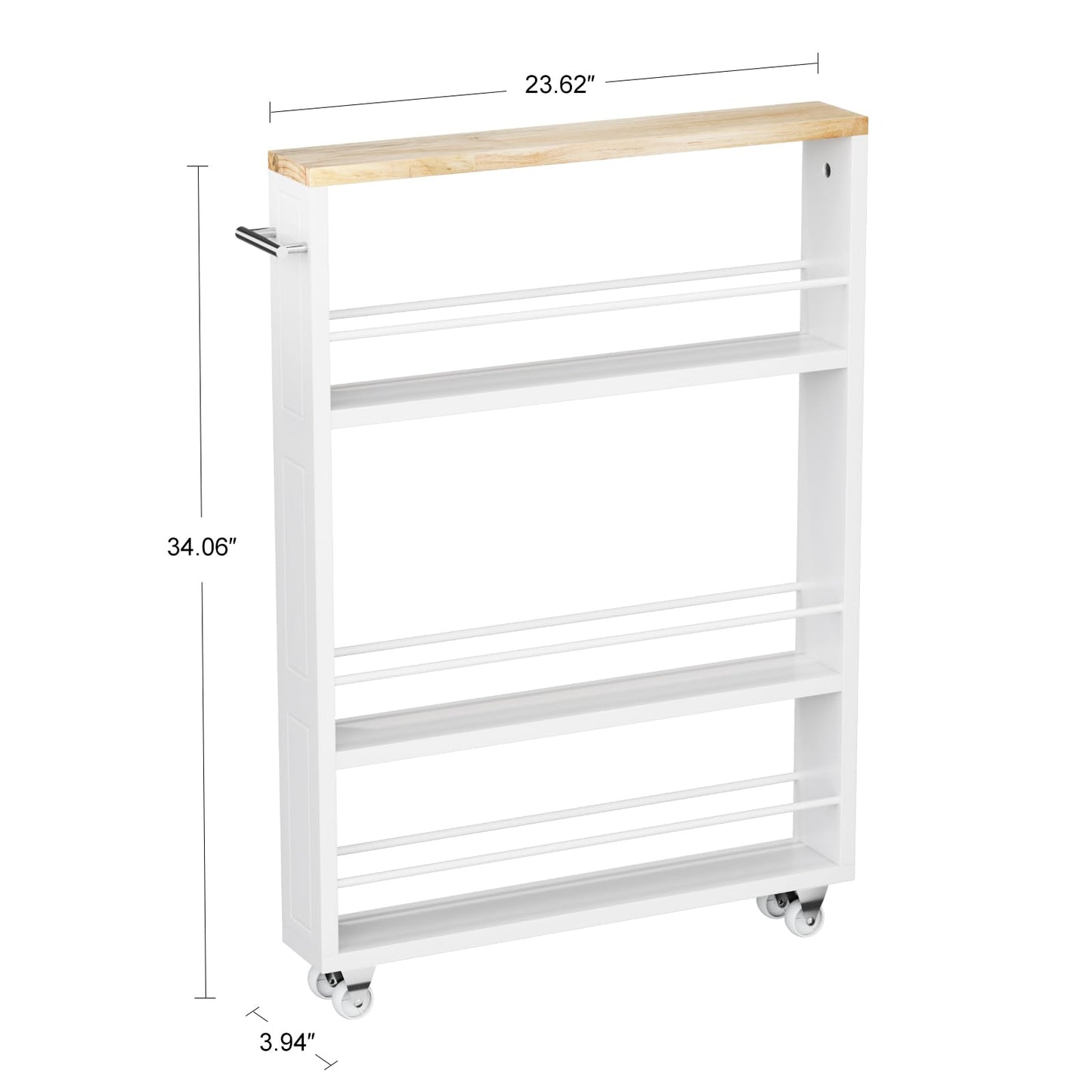 KLM 4 Tier White Slim Storage Cart with Handle, Slide Out Storage Rolling Utility Cart for Kitchen, Laundry, Narrow Places