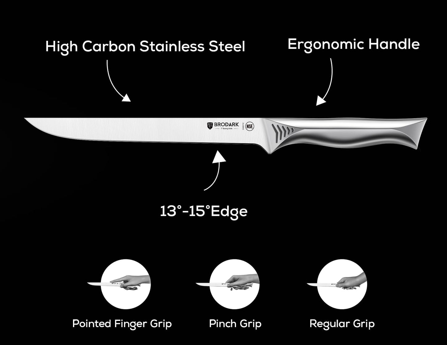 BRODARK Boning Knife - 7" Deboning Knife for Meat Cutting - High Carbon Stainless Steel, One Piece Design Fillet Knives - NSF Certified, Shark Series