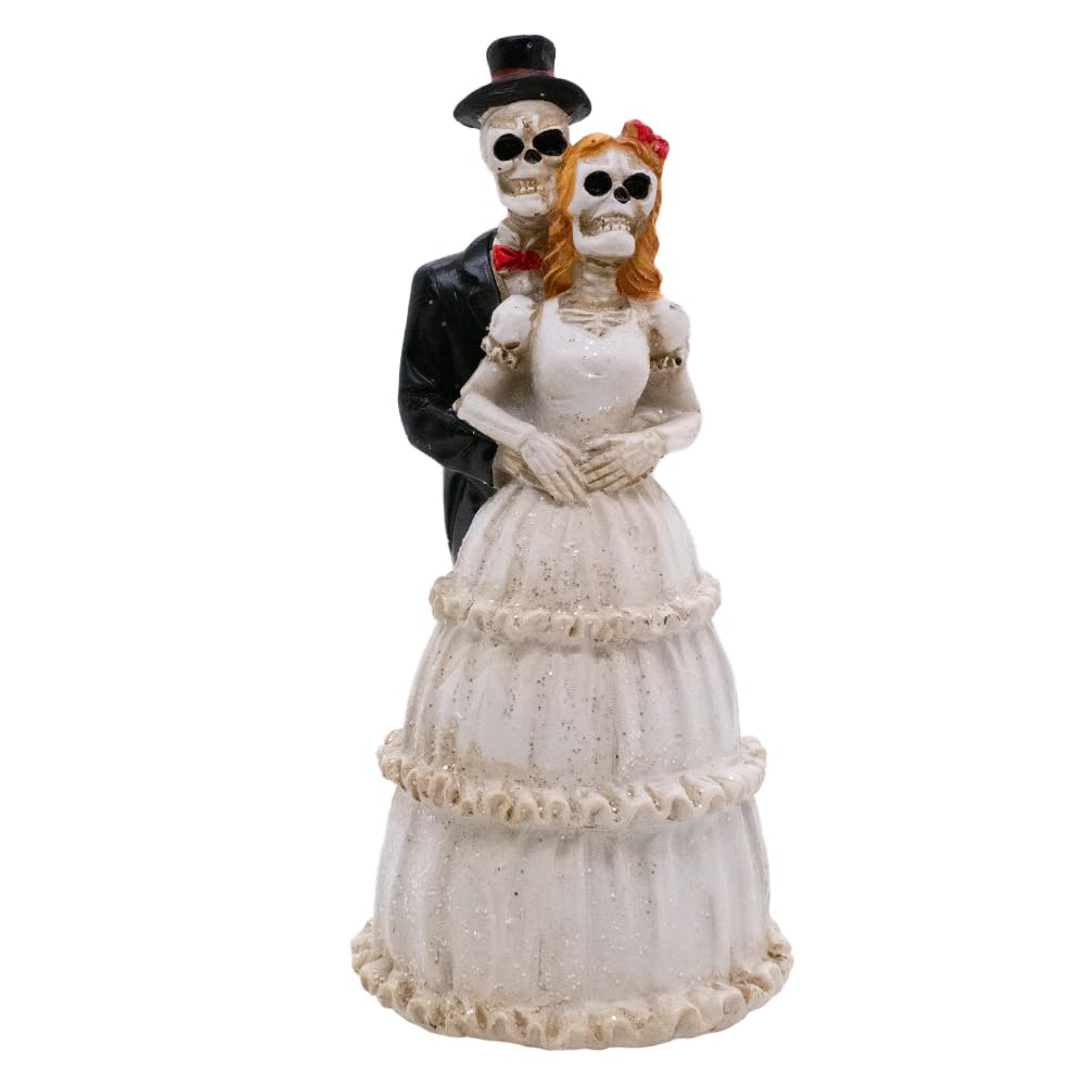 VILLAGE GIFT IMPORTERS Skeleton Bride and Groom | Halloween Wedding Couple | Groom in Top Hat and Suit | Bride in Bridal Gown with Red Hair | Home Décor for Halloween and Day of the Dead