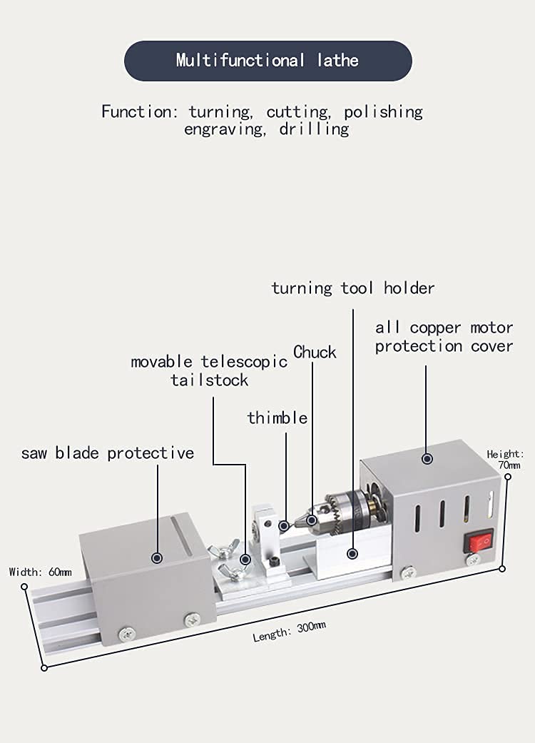 Jinegelela Professional mini Lathe Machine, Lathe Tools Woodworking Machine, Lathe Beads Polisher, CNC DIY Woodworking Wood Lathe Machine (Silver)