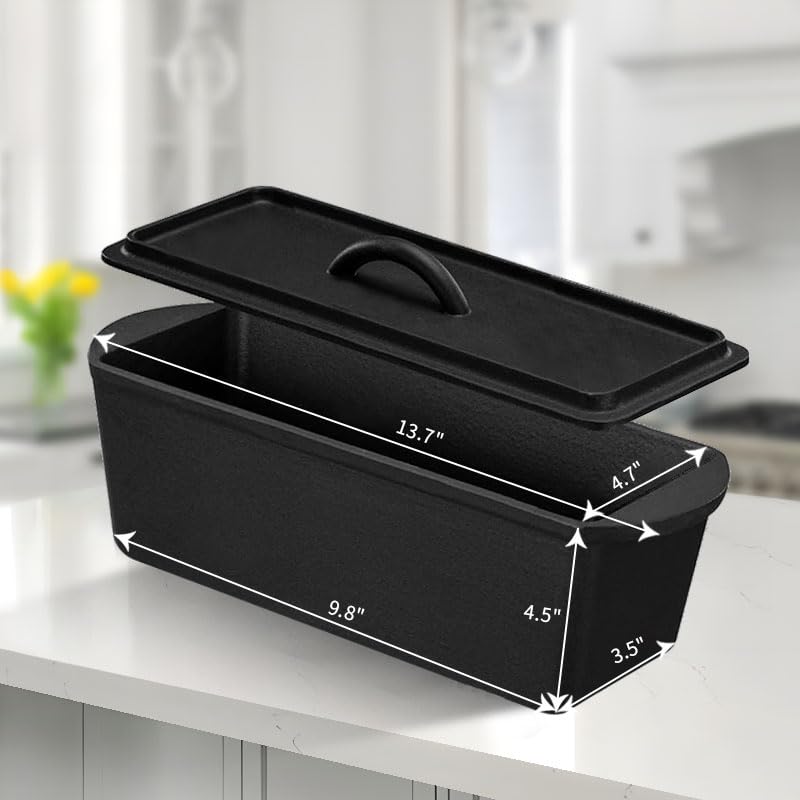 PADELE Cast Iron Bread Pan with Lid - 2LB Capacity (13x5 Inch) Large Pullman Loaf Pan for Homemade Bread - Non-Stick,Dual Handle, Pre-Seasoned, Rust-Resistant (Black-Cast Iron)