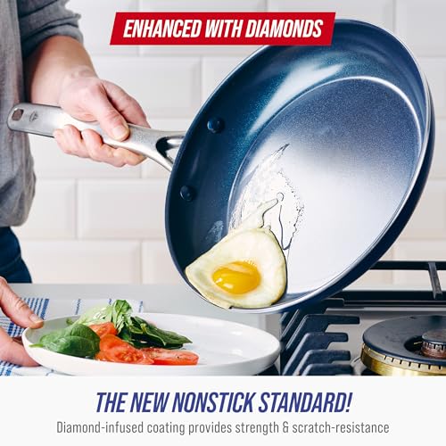 Blue Diamond 9.5” & 11" Nonstick Frying Pan Skillet Set, Diamond Infused PFAS & PTFE-Free Ceramic Pots & Pans, Dishwasher & Oven Safe, Stay Cool Handles, Durable Non Toxic Metal Utensil Safe, Blue