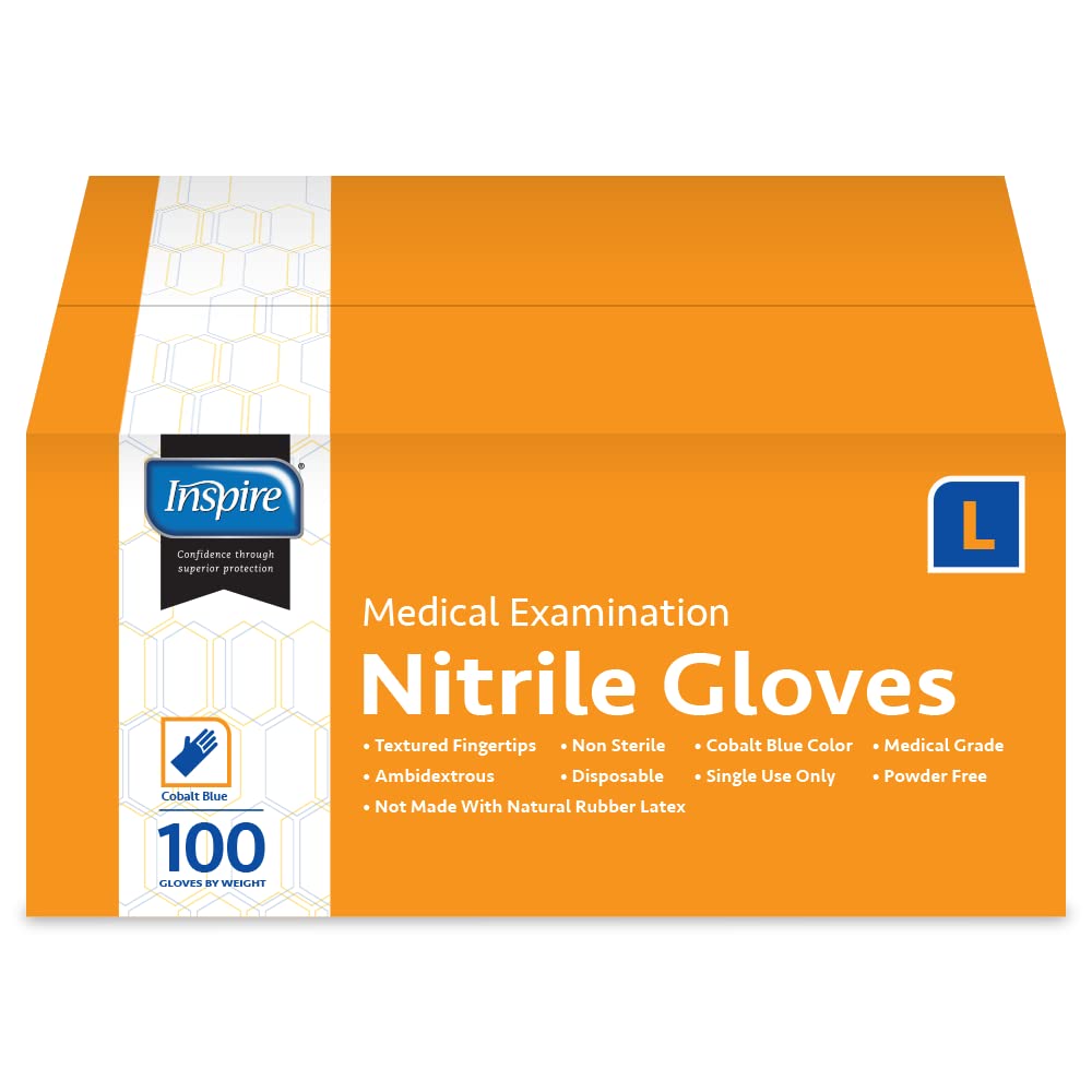 Inspire Nitrile Gloves Medical Examination | The Original Quality Stretch Cobalt Blue | 4.5 Grade Disposable Gloves Latex Free Doctors, EMT, Food Service, Cleaning, Household, Hospitals and More