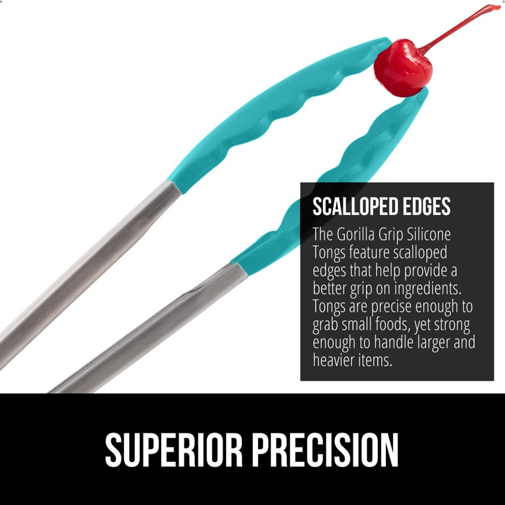 GORILLA GRIP Stainless Steel Heat Resistant Kitchen Tongs for Cooking, 9 + 12 Inch, Set of 2 BBQ Tong, Non Scratch Silicone Tip for Pan, Strong Grip, Grab Food, Toss Salad, Air Fryer, Pull Lock, Black