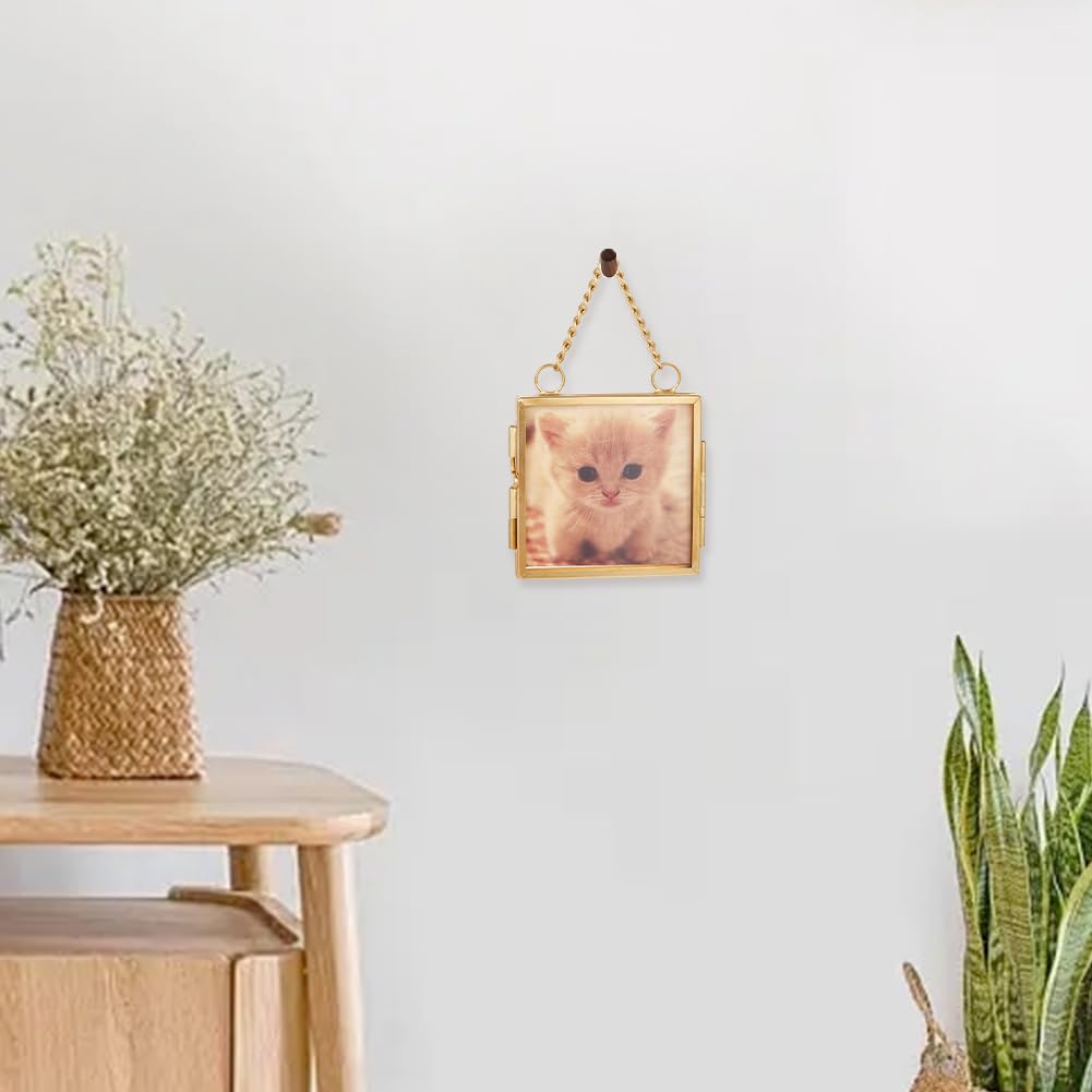 OLYCRAFT 6pcs Gold Mini Glass Hanging Frame 2.1x2.1 Inch Gold Metal Picture Frames Clear Double Glass Floating Frames Hanging Artwork Display Frame for Pressed Flowers Leaf and Artwork