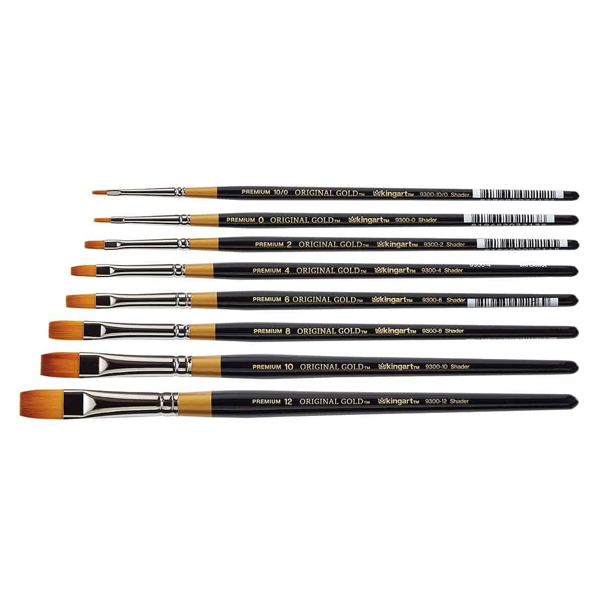 KINGART B-017 Premium 8 pc. Original Gold 9300 Series Shader Artist Brush Set, Synthetic Golden Taklon Hair for Acrylic, Oil, and Gouache Painting, Short Handle, Sizes: 10/0, 0, 2, 4, 6, 8, 10, 12