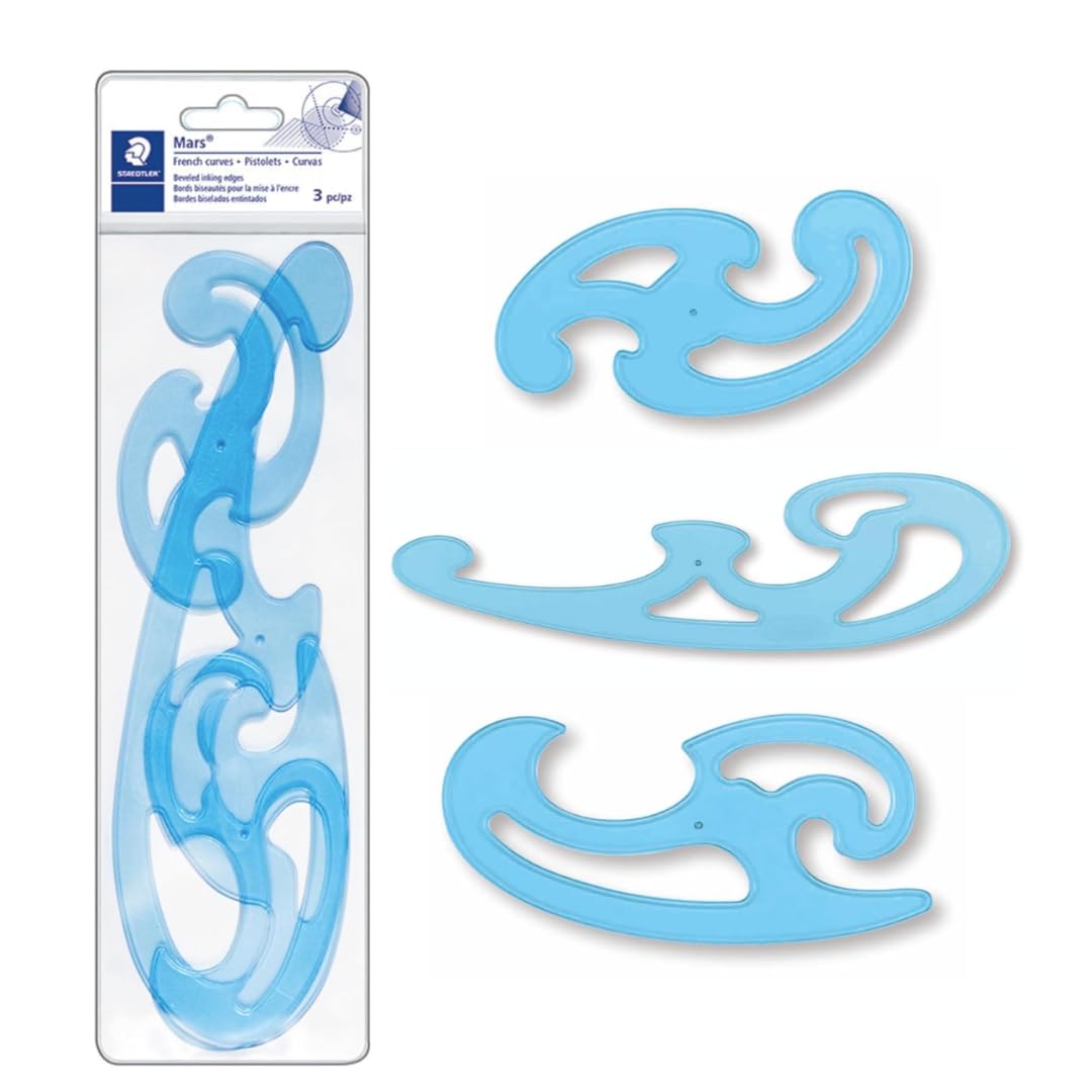 STAEDTLER Mars Professional French Curve Design Ruler Set for Pattern Making 12-Pack (6 Sets of 3 pcs), 3 Essential A B C Shapes, Blue Transparent Plastic with Inking Edge, 18 Count