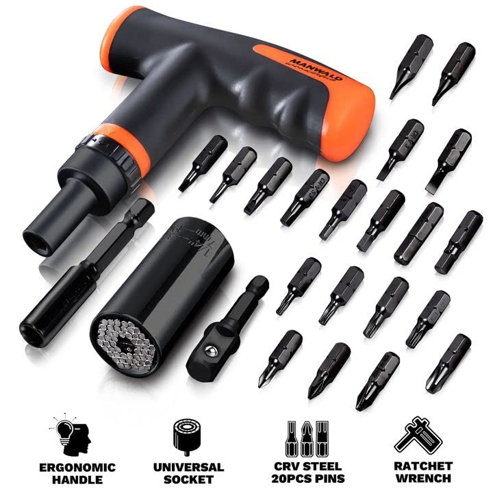 MANWALD Universal Socket Tool Set, Ratcheting T-Handle Screwdriver Set with Power Drill Adapter, Fathers Day Dad Gifts from Daughter Wife Son, Gifts for Him Men Husband, Boyfriends, Orange, Black