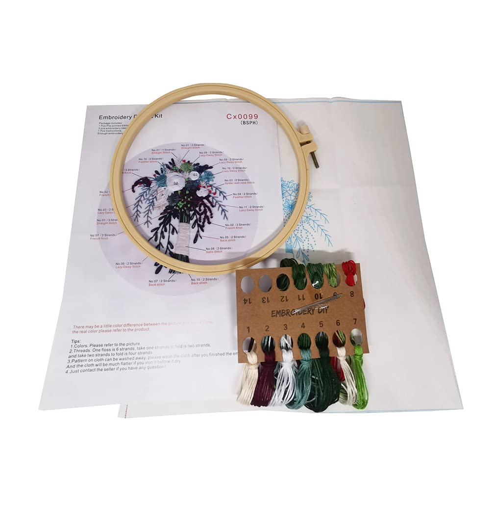 3 Sets Embroidery Starter Kit with Pattern and Instructions,Cross Stitch Beginner Kits with Frame,3 Plastic Embroidery Hoops,3 Embroidery Clothes and Color Threads (3 X Flower Pattern)