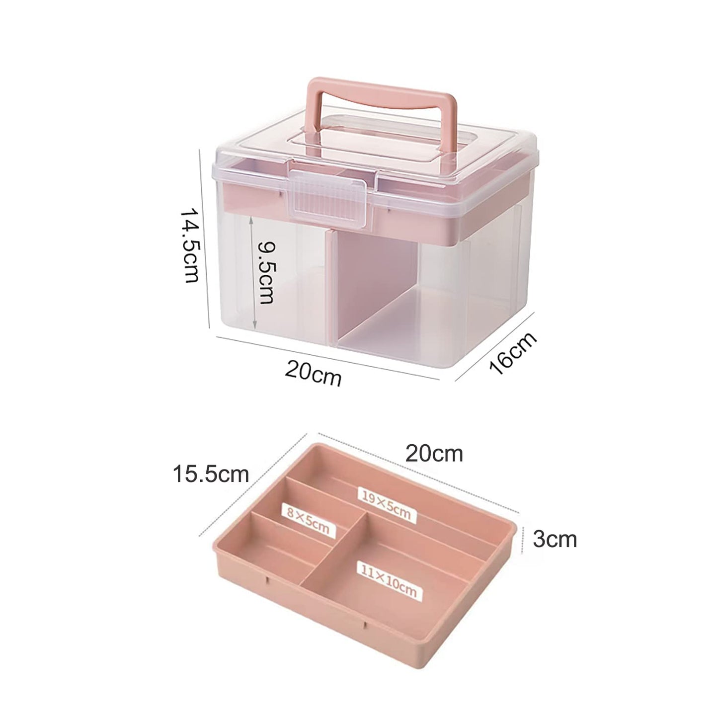 FOREVERIE Small Portable Plastic Storage Box for Beauty Ornaments Hair Nail Accessories, Cosmetic Case with Handle & Removable Tray & a Divider, Sewing Box Organizer, Kids Art Box (Clear & Pink)
