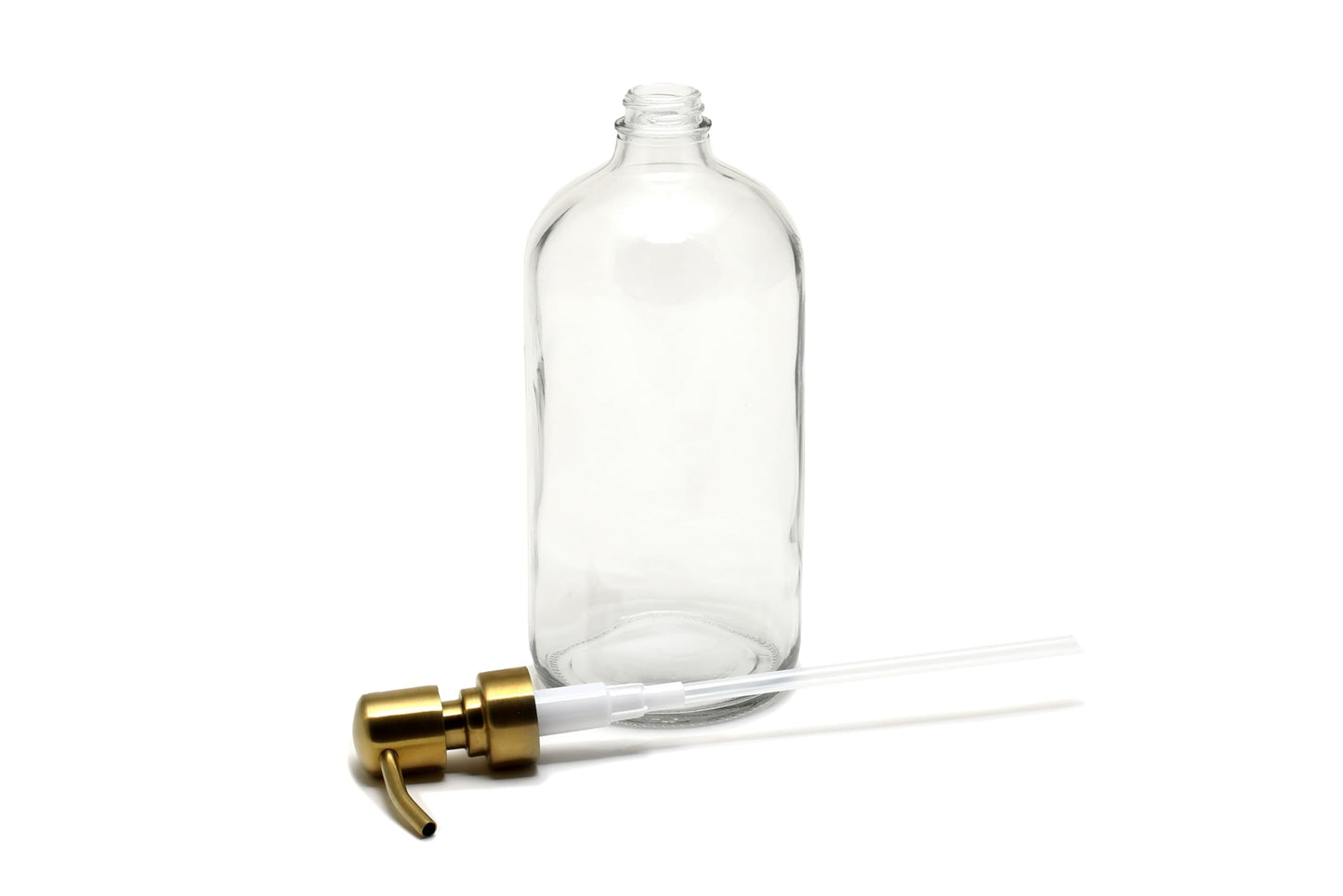 Vivaplex, 2, Large, 32 oz, Empty, Clear Glass Bottles with Stainless Steel, Yellow Gold, Lotion Pumps