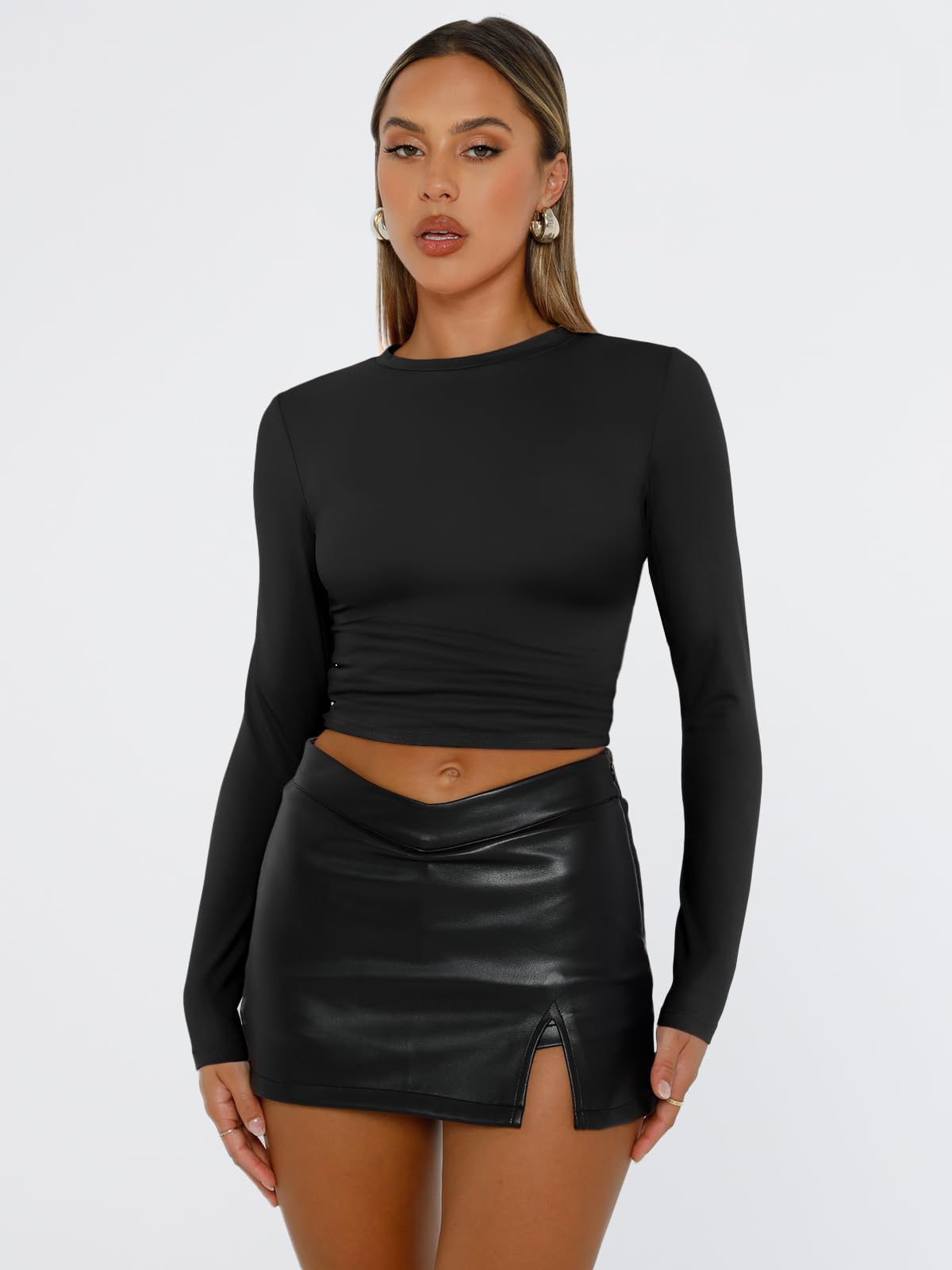 Trendy Queen Womens Long Sleeve Shirts Basic Crop Tops Tight Slim Fit Cute Teen Girls Fall Winter Y2k Clothes Black M