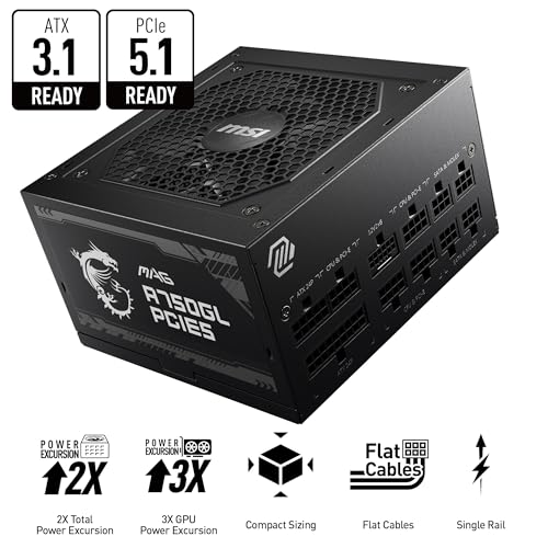 MSI MAG A750GL PCIE 5.1 & ATX 3.1 Gaming Power Supply - Full Modular - 80 Plus Gold Certified 750W - Compact Size - ATX PSU - 10 Year Warranty