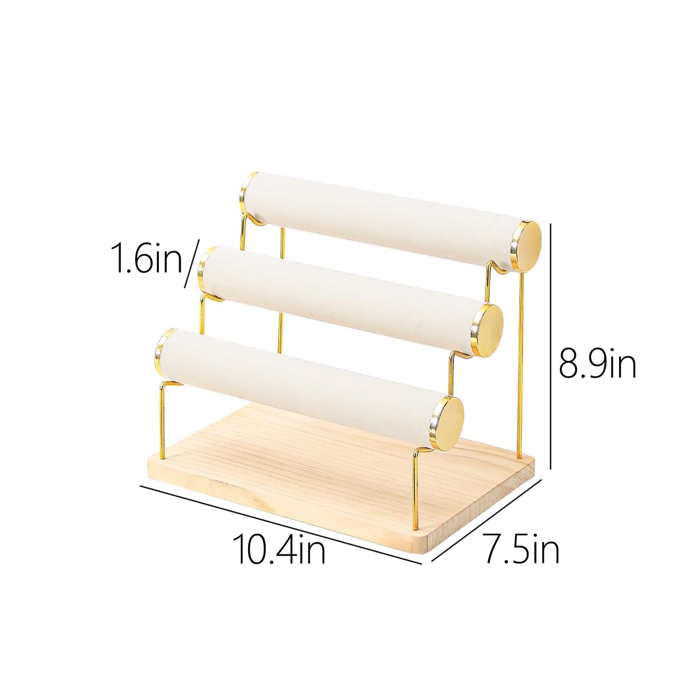 Pengup Bracelet Holder, Bracelet Displays for Vendors, 3 Tier Jewelry Organizer Stand for Selling, Jewelry Necklaces Storage Rack with Wood Base (Beige+Gold)