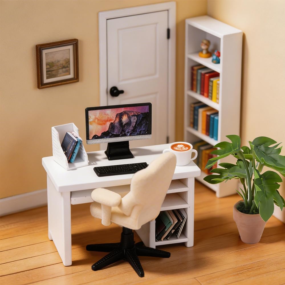 DIYDEC 1:12 Scale Miniatures Office Desk Set 14pcs Dollhouse Office Including Mini Computers Desks Office Chair Keyboard Mouse Folder Books Potted Plants for Tiny Stuff Dollhouse Figurines