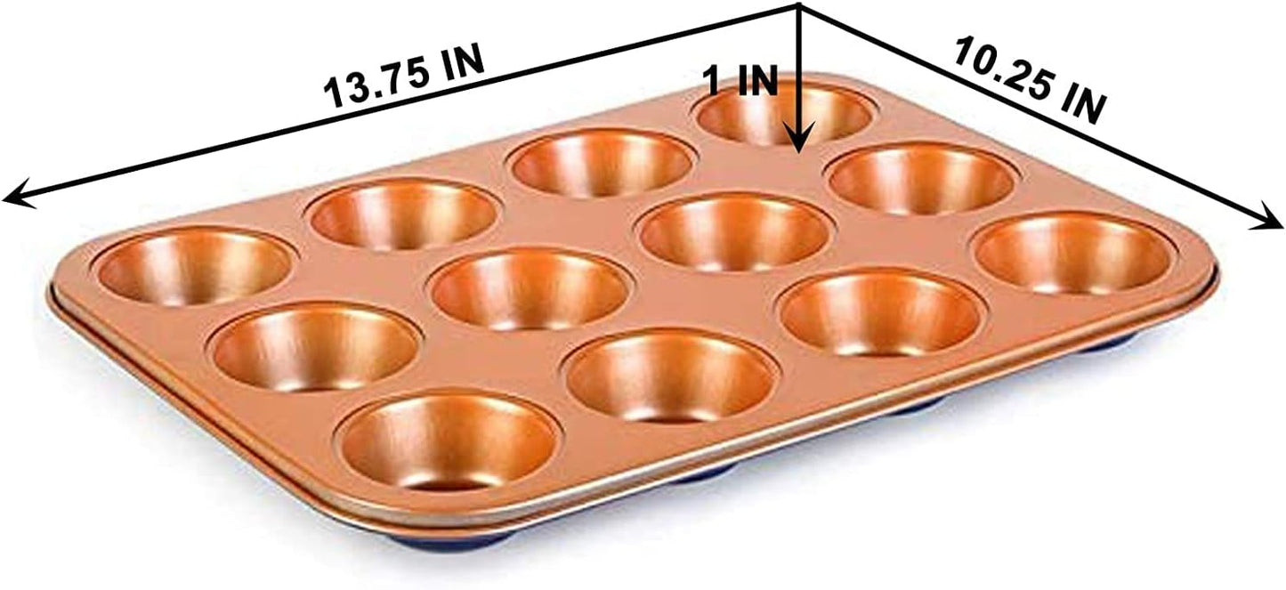 Copper Professional Healthy 12 Cup Cake and Muffins Baking Pan Sheet, Oven and Dishwasher Safe