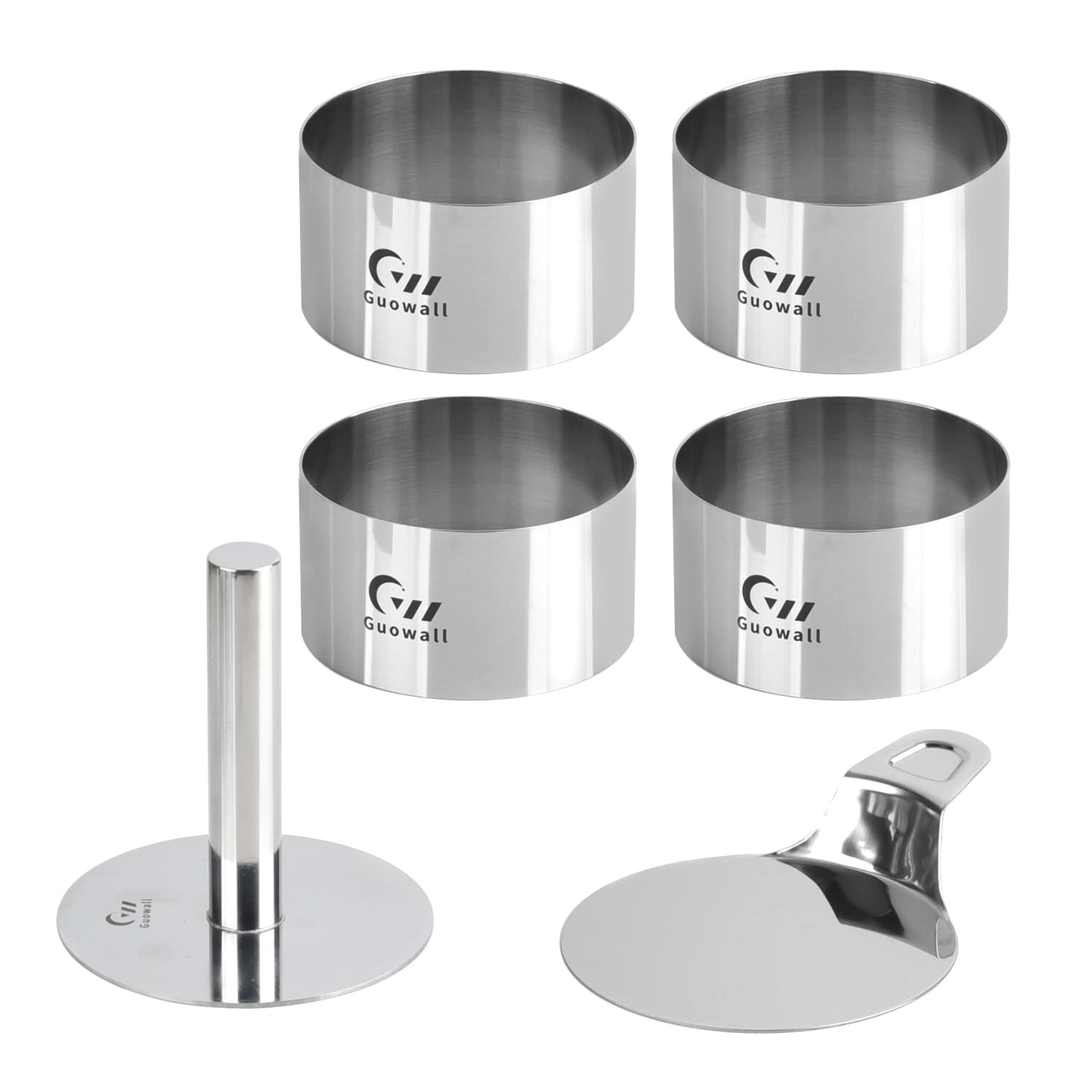 Guowall 4 pack Seamless Mousse Cake Ring set Stainless Steel 4 inch Round Food Mold Dessert Cutter for Baking (Includes 1 Lifter, 1 Pusher and 4 Rings)