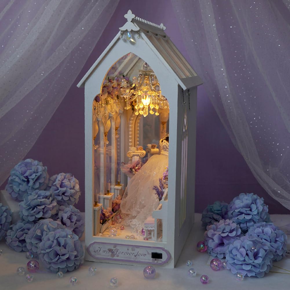 TOPBSFARNY DIY Doll House with Musical Movement, Wedding Theme Book Nook Kit, Illusion Mirror Design Miniature Dollhouse Kit, Booknook Bookshelf Desktop Decor Model Build for Adult Wedding Gift