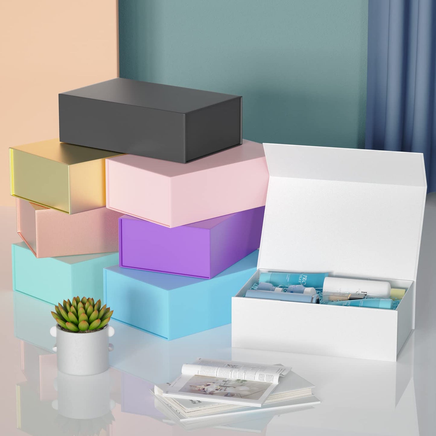 RYDDOY 5 Pack White Gift Box, 9.5x6x3'' Gift boxes for Presents with Lids Magnetic Closure Rectangle Collapsible for Bridesmaid Proposal Box, Wedding, Christmas, Halloween, Birthday Gift Packging
