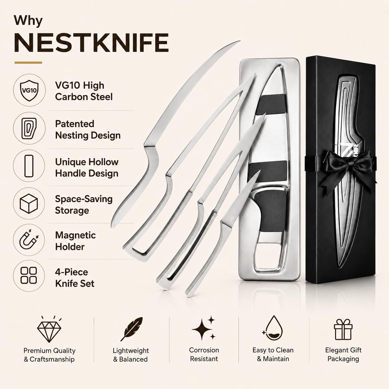 NestKnife Magnetic Kitchen Knife Set - 4 Piece VG10 High Carbon Stainless Steel Kitchen Knives with Patented Space-Saving Nesting Design & Magnetic Block - Ultra Sharp Professional Chef Knife Set