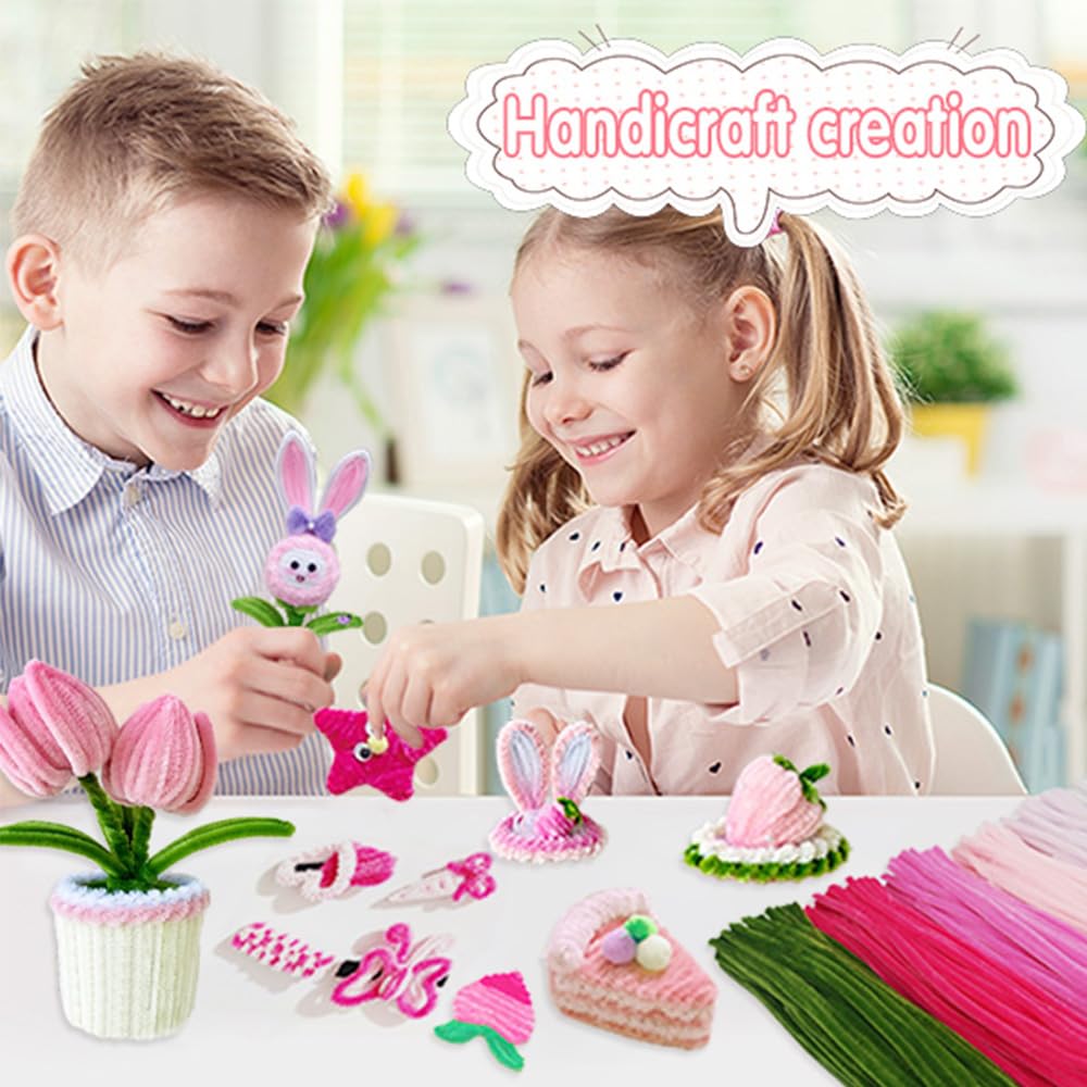AHAMETON 620-Piece Pink Pipe Cleaner Craft Kit - 6 Pastel Shades Chenille Stems with Floral Wire for DIY Wedding Bouquets, Mother’s Day Gifts & Party Decorations