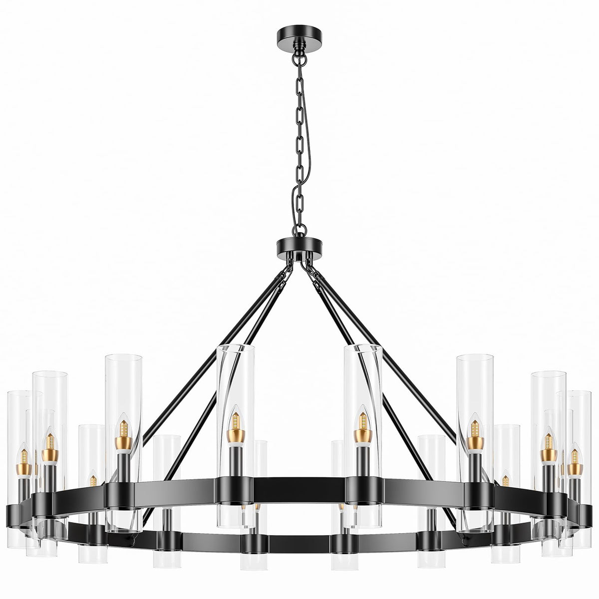 AEULYTIR 48 Inch Black Wagon Wheel Chandelier with Glass Shade, 16 Lights, Modern Farmhouse Style, Ideal for Dining Room, Kitchen, Entryways
