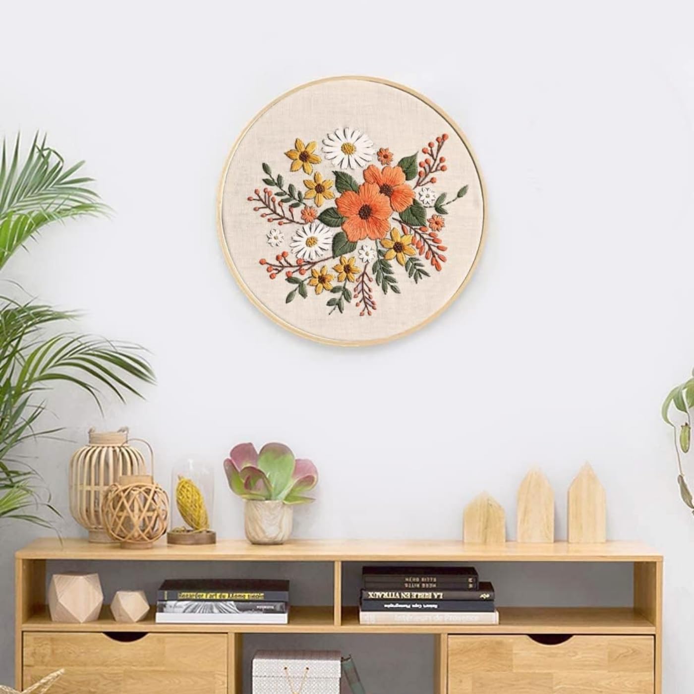 Arte Vita Embroidery Starter Kit Orange Flower Pattern Full Range DIY Beginner Hand Stitch Set Including Stamped Cloth, Bamboo Hoop, Color Threads, Needles Floral