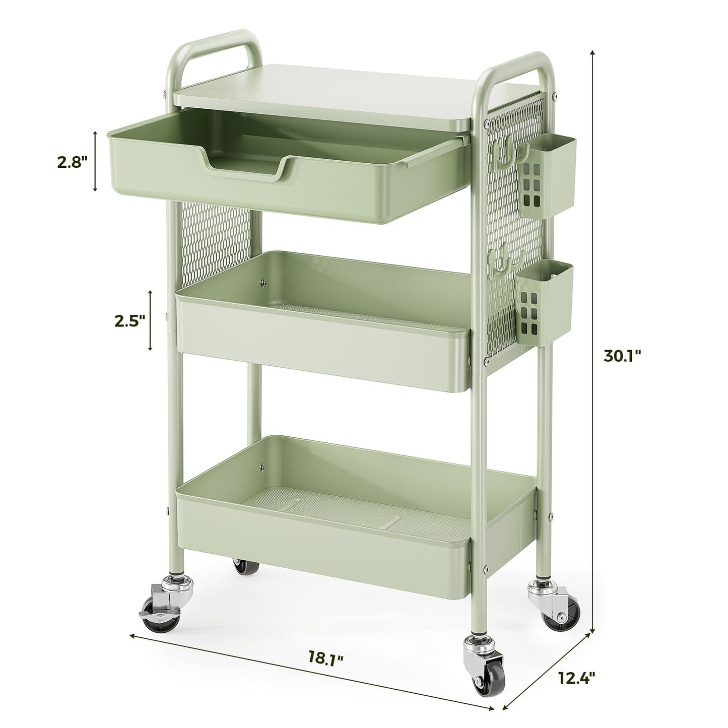Rolling cart with Drawers - 3 Tier Metal Multifunctional Storage Organizors on Wheels with Tabletop, Hooks & Basket, Sturdy Craft & Art Cart for Bathroom, Bedroom, Children Room, Green