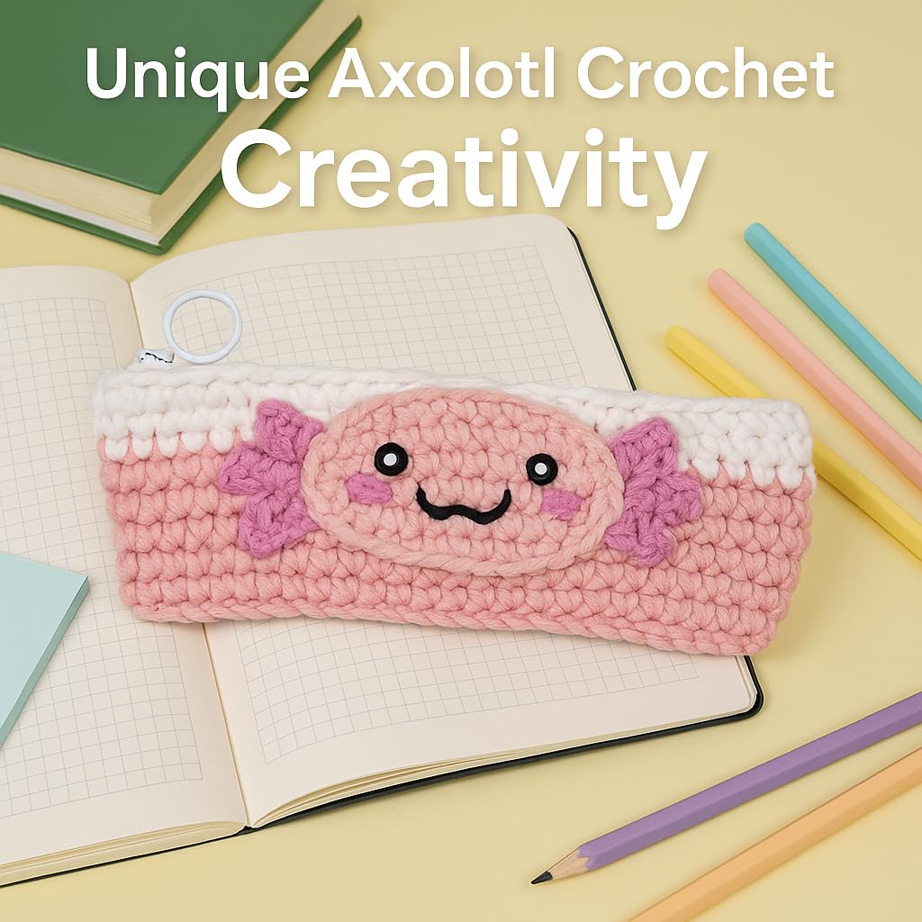 Axolotl Crochet Kit for Beginners, Learn to Crochet Pencil Bag Starter Set with Video Tutorial & Crocheting Manual, Easy Yarn Knitting Kit for Adult, DIY Amigurumi Birthday Xmas Gift Idea