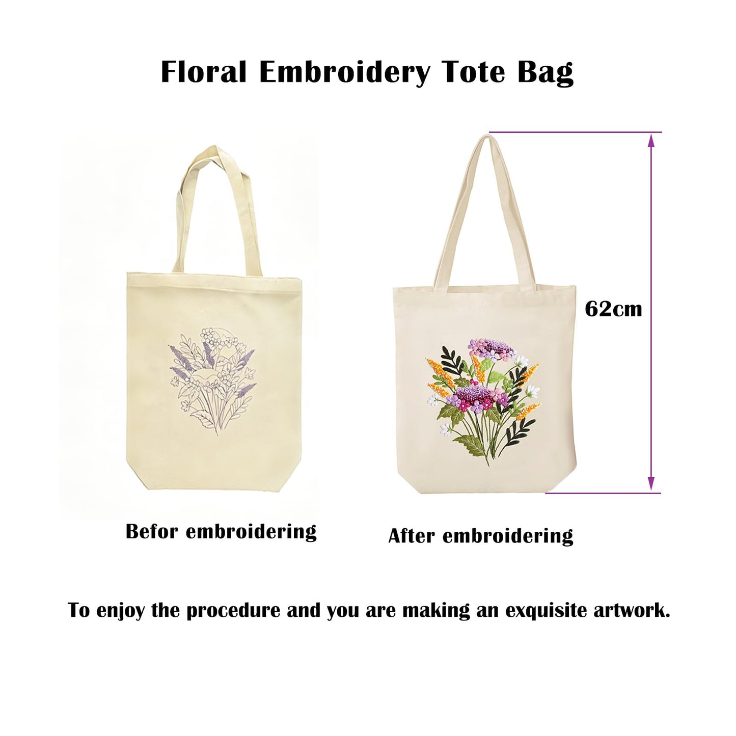 Vigdit Canvas Tote Bag Embroidery Kit for Beginners, Needlepoint Cross Stitch Kit for Adult Beginner, DIY Reusable Grocery Bags Embroidery Starter Kit with Stamped Floral Tools & Instructions