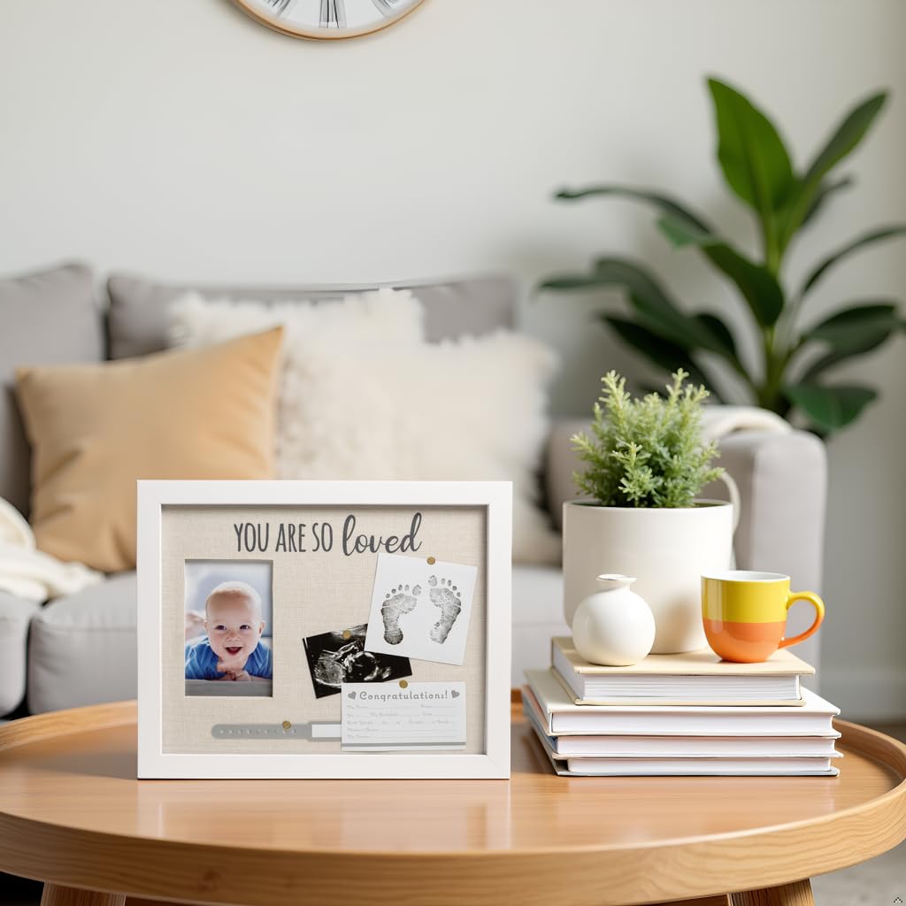 Kate & Milo You Are So Loved Collage Frame, Newborn Keepsake Box, Baby Memento, Nursery Decor, Handprint and Footprint Ink Pad Included, Linen Mat, White