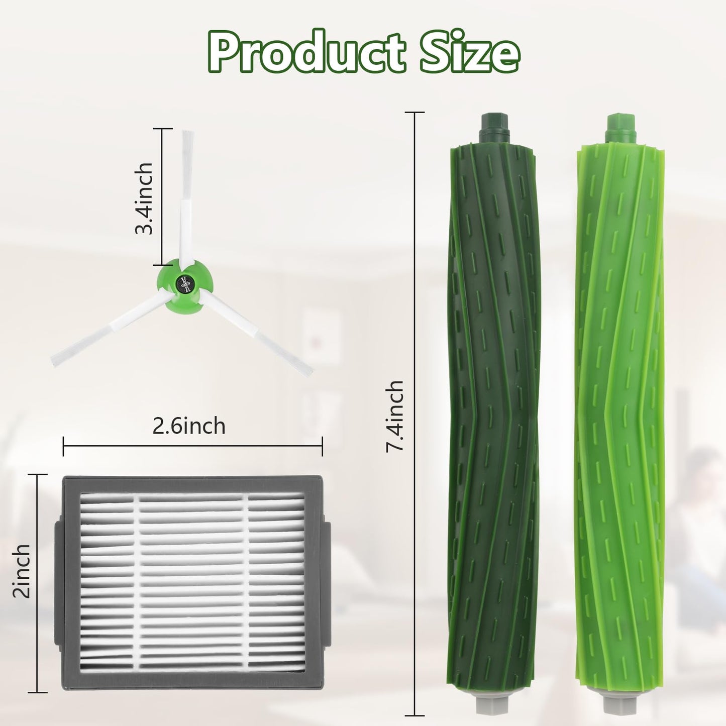 Replacement Accessories for iRobot Roomba E, I & J Series i7 i7+ E5 E6 E7 i2 i3 i3+ i4 i4+ i6 i6+ i8 i8+/Plus,1 Set Rubber Brushes, 4 HEPA Filters,6 Side Brushes, 1Caster Wheel 