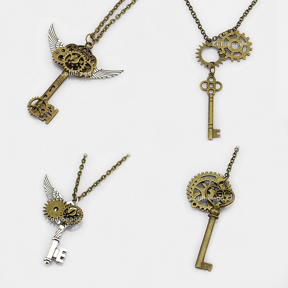 LolliBeads® 230 Gram Antiqued Bronze/Silver Metal Skeleton Keys and Wings, Bronze Steampunk Watch Gear Cog Wheel, Chains, Clasps and Jump Rings DIY Kits (300 Pcs)