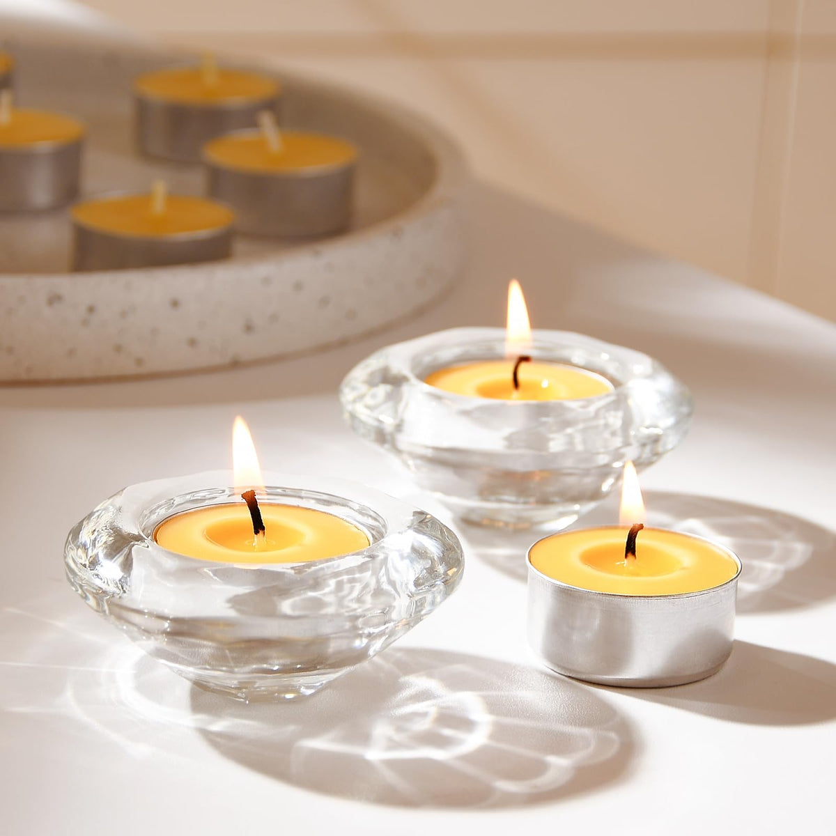 50-Pack Pure Beeswax Tealight Candles in Aluminum Cups - 4-5 Hour Burn Time, Lead-Free Cotton Wick, Natural Unscented Candles