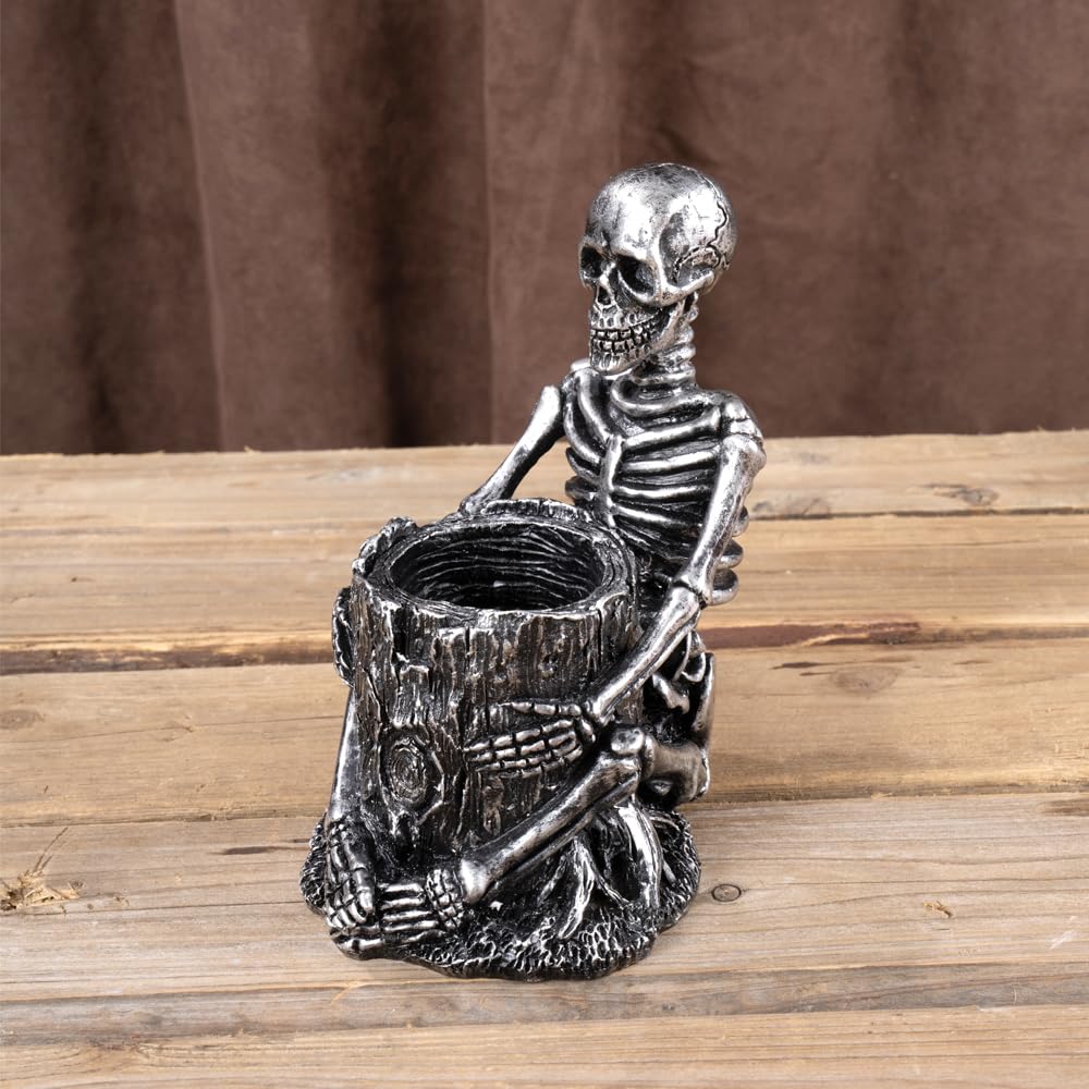 Arola Skull Pen Pencil Holder Skeleton Key Holder Makeup Brush Holder Home Office Desk Supplies Organizer Accessory(Silver-Plated)