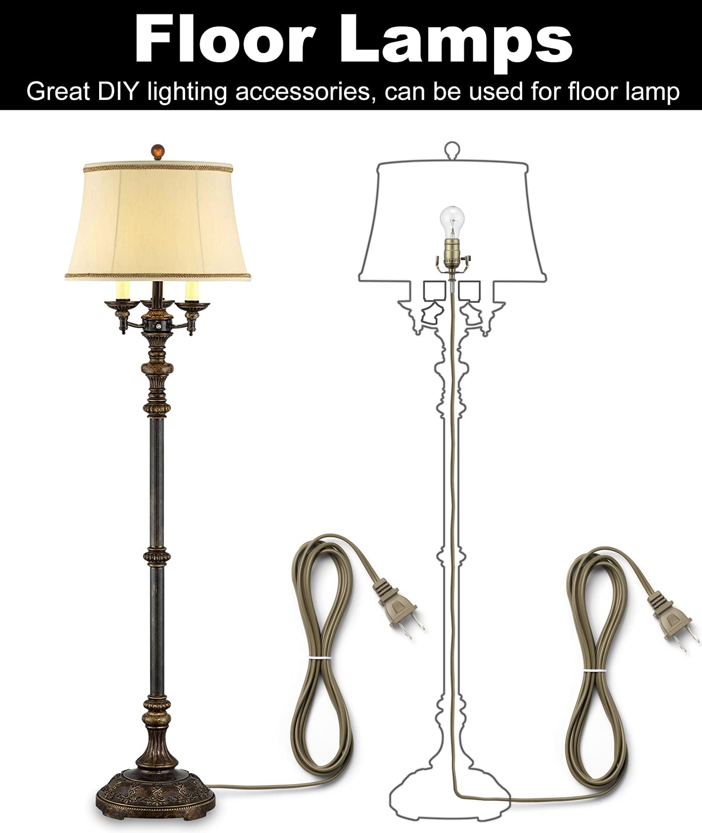 Lamp Making Kit, Lamp Parts for Repair Replacement or Rewire Table and Floor Lamps, 3 Way Socket 12 Foot Matching Cord and Essential Hardware, DIY Lamp Kits for Do It Yourself (Antique Brass)
