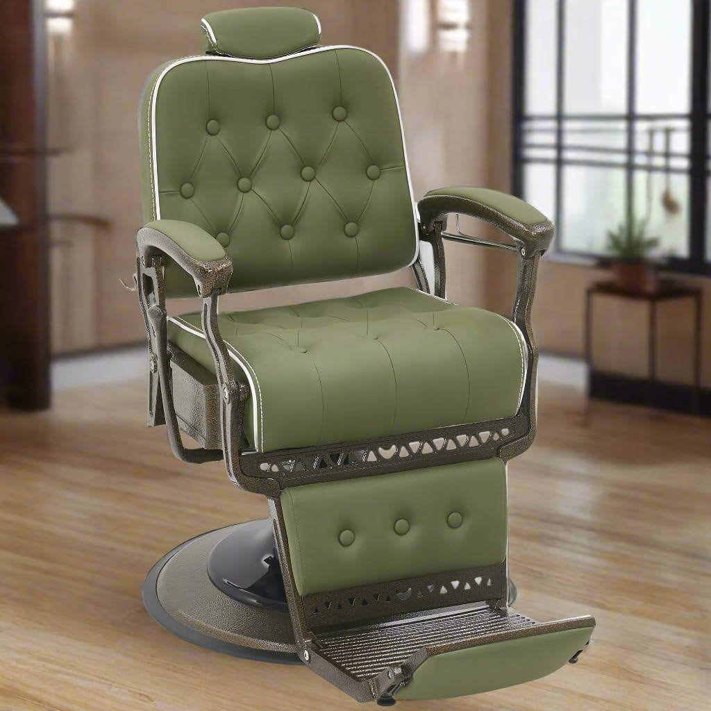 BarberPub Heavy Duty Metal Vintage Barber Chair All Purpose Reclining Hydraulic Pump Salon Beauty Spa Chair Hair Styling Equipment 9218 (Green)