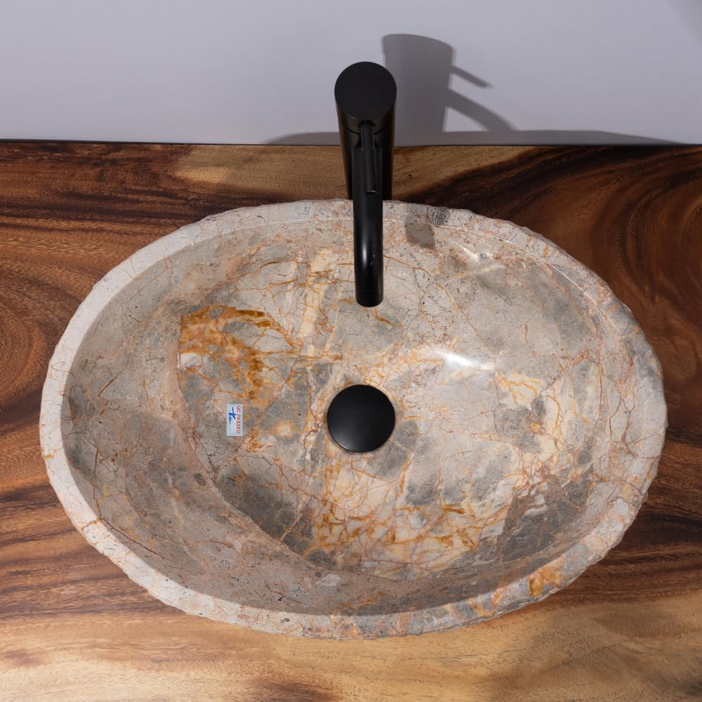 Golden Gray Marble Vessel Sink, Hand-Carved Canoe-Shaped Bathroom Sink in Solid Natural Marble, Beige with Gold & Gray Earth Tone Veins β Modern Rustic Countertop Sink