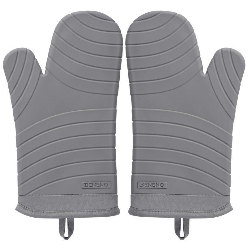Beneno BPA-Free Silicone Oven Mitt 2-Pack Set, Heat Resistant 500°F Oven Mitts with Non-Slip Grip, Soft Thicker Lining, 7"x13", Gray