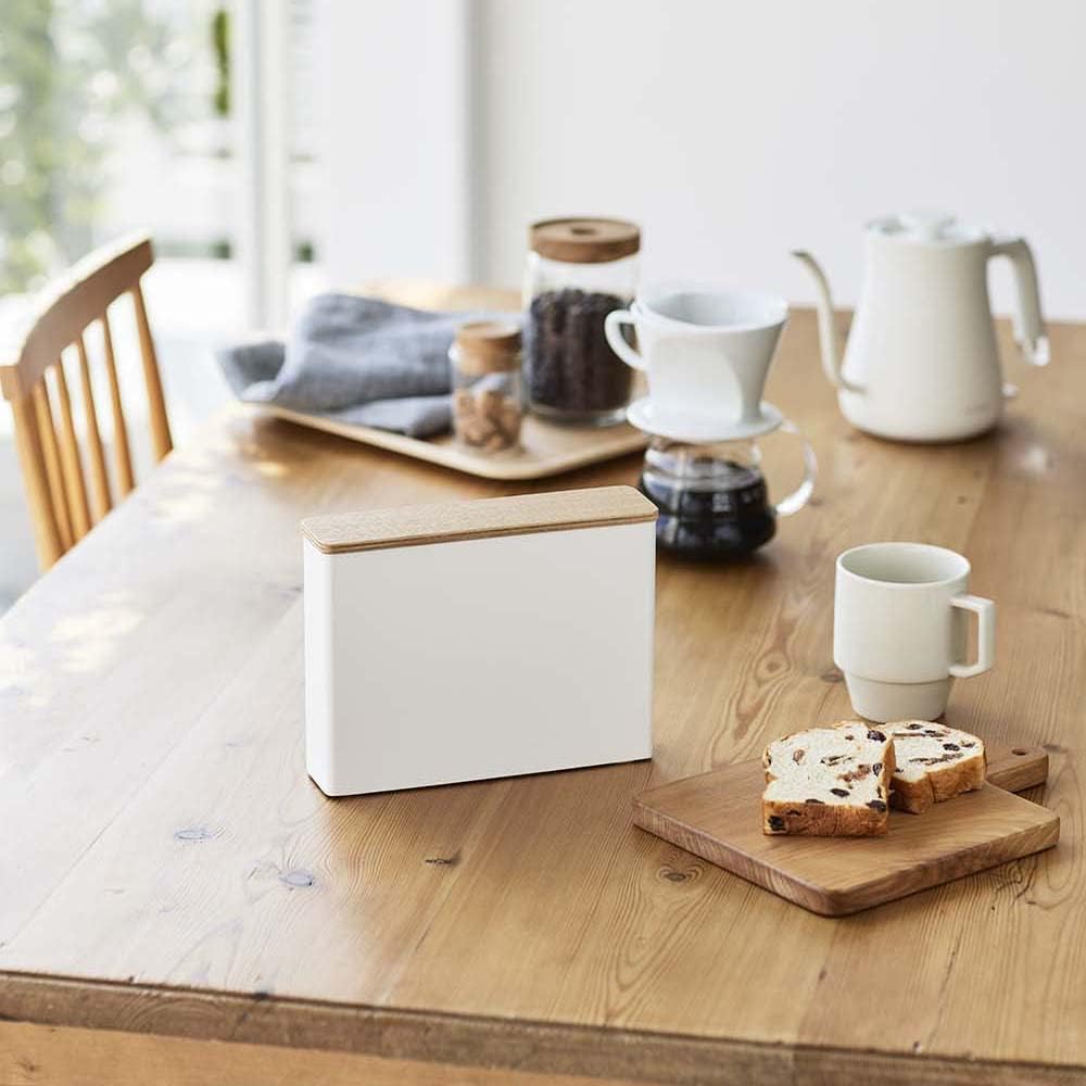Wood Accent Coffee Pourover Filter Case with Lid - Stainless Steel Container Dispenser