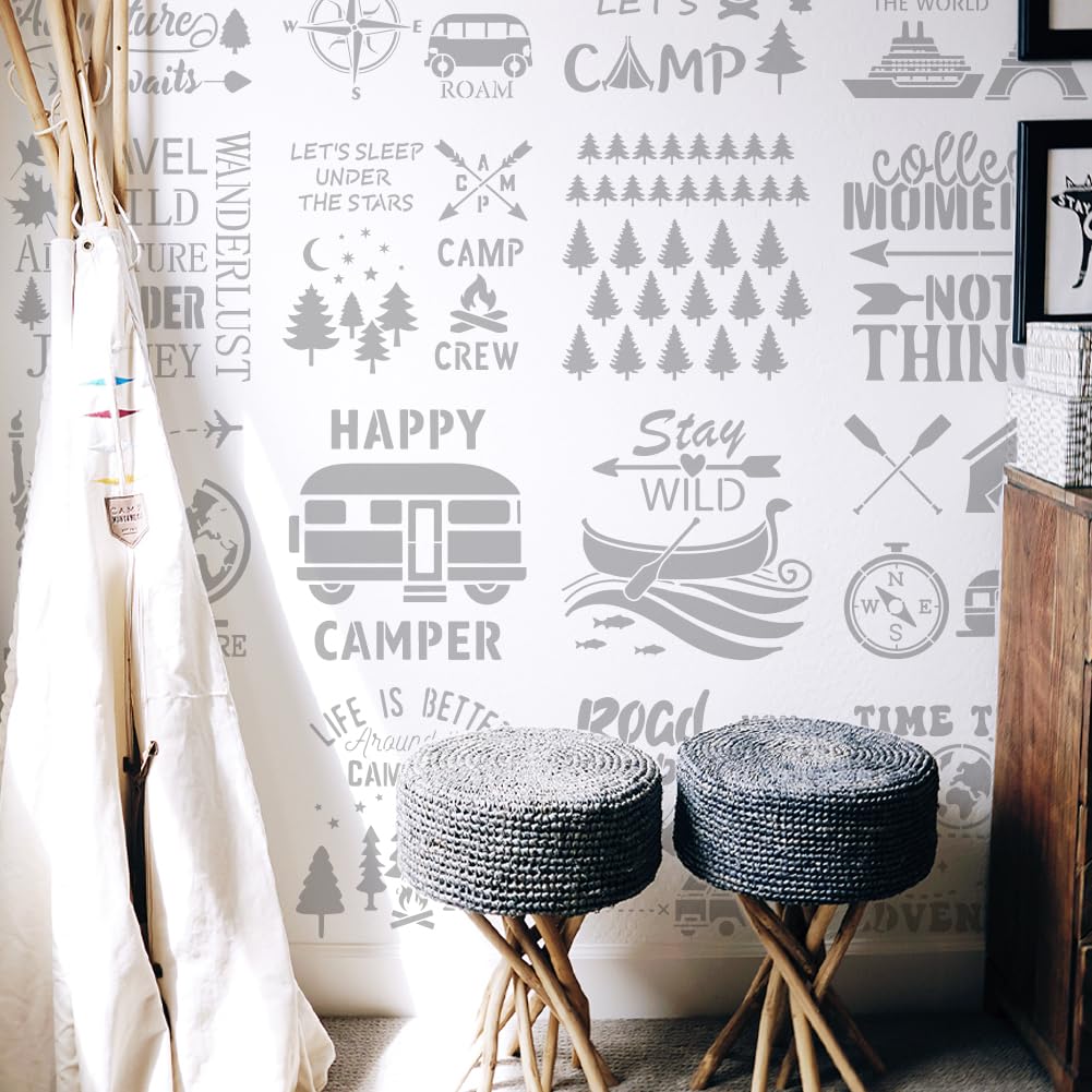 FINGERINSPIRE 16PCS Travel Theme Stencils for Painting with Brush 11.8x11.8inch Mountains Trees Compass Temple Template Tent Campfire Airplane Suitcase Stencil Maple Leaf Moon Star Boat Fish Template